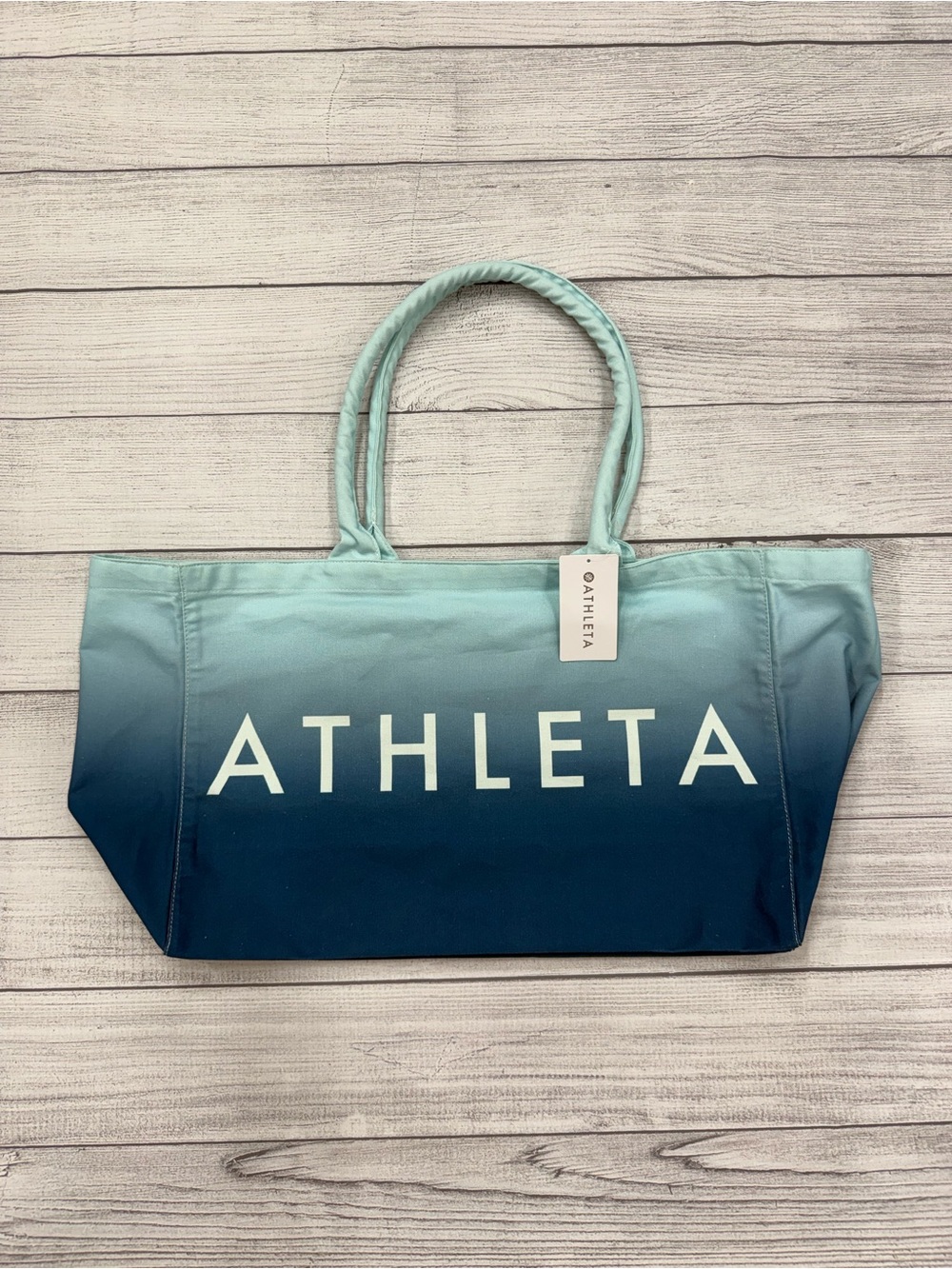 Athleta Ombre Teal Navy Tote Bag NWT Oversized Travel Gym Beach Carryall